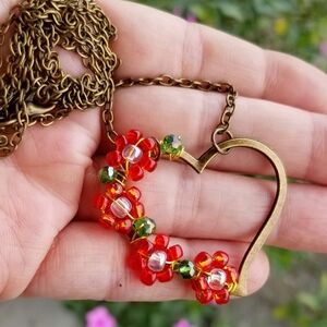 Handmade Wire Wrapped Glass Bead Floral Heart Necklace Valentine's Day Jewelry
